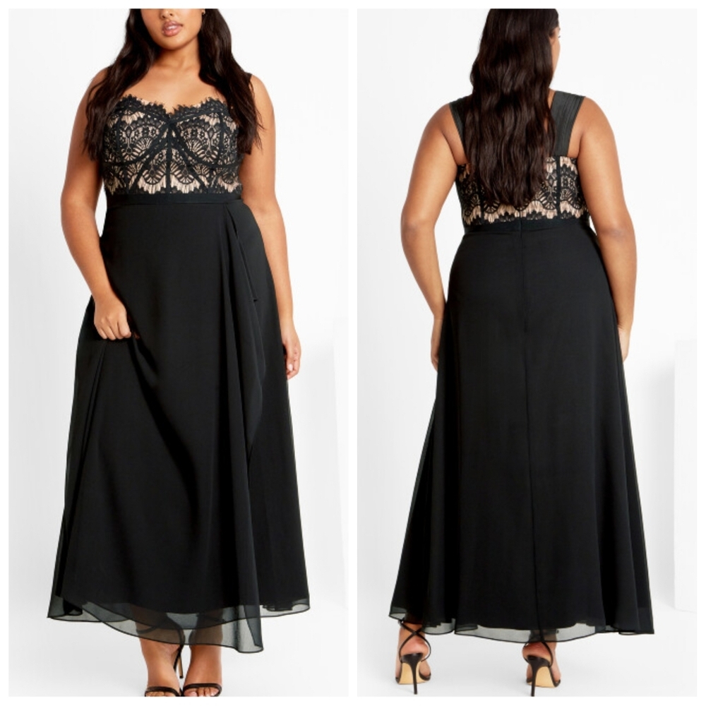 City Chic Sweet Evie Black Lace Chiffon Maxi Dress | US 18 | NWT